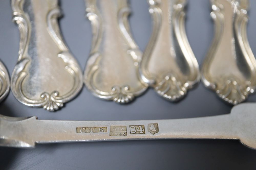 A set of six mid 19th century Russian 84 zolotnik sweetmeat forks and six similar Russian teaspoons, 9.5oz.